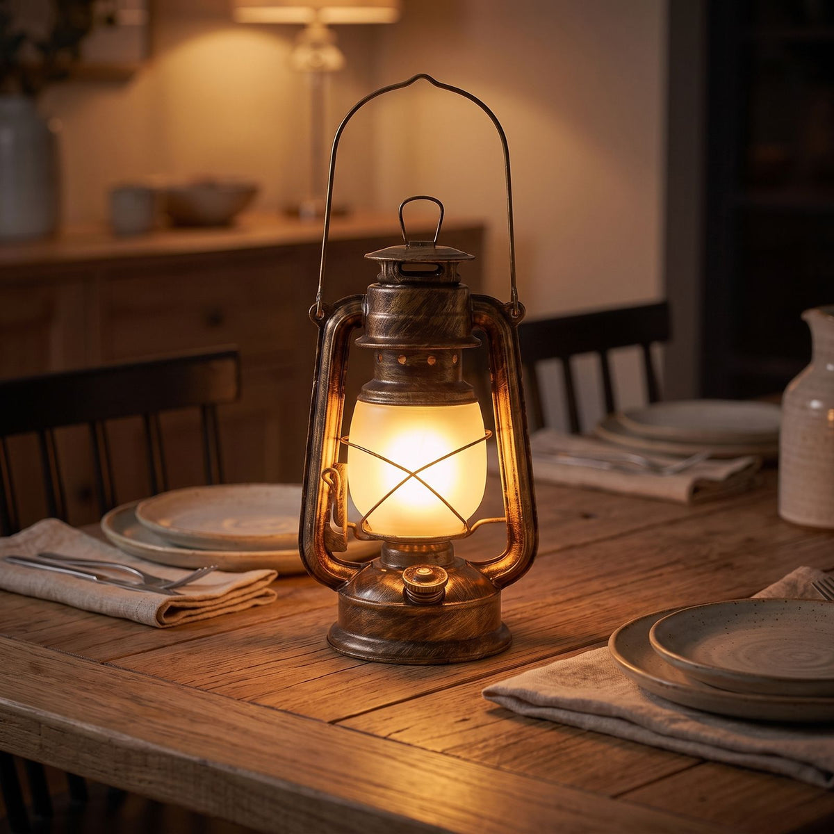 Retro iron lantern table lamp on a dining table at night