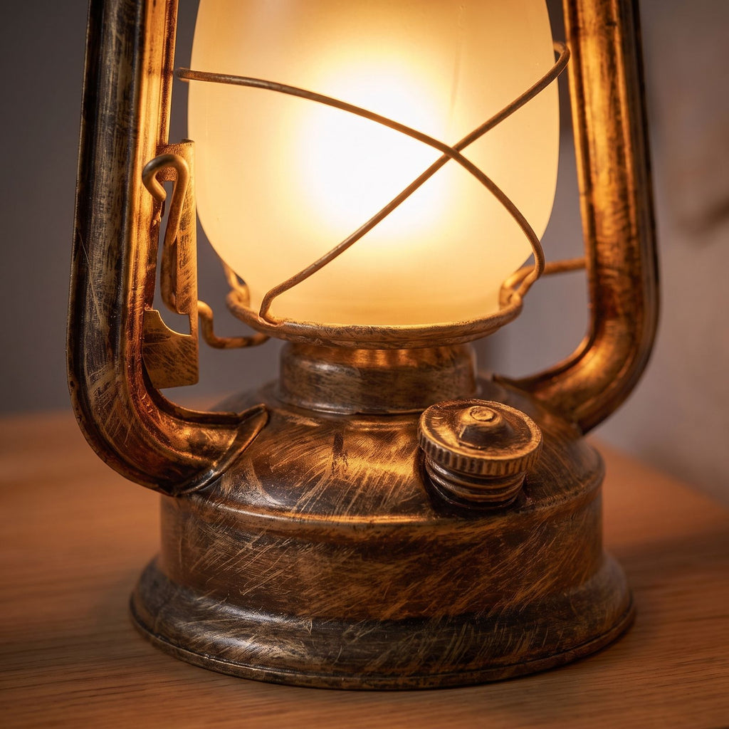 Close-up of the bronze iron base and frosted globe