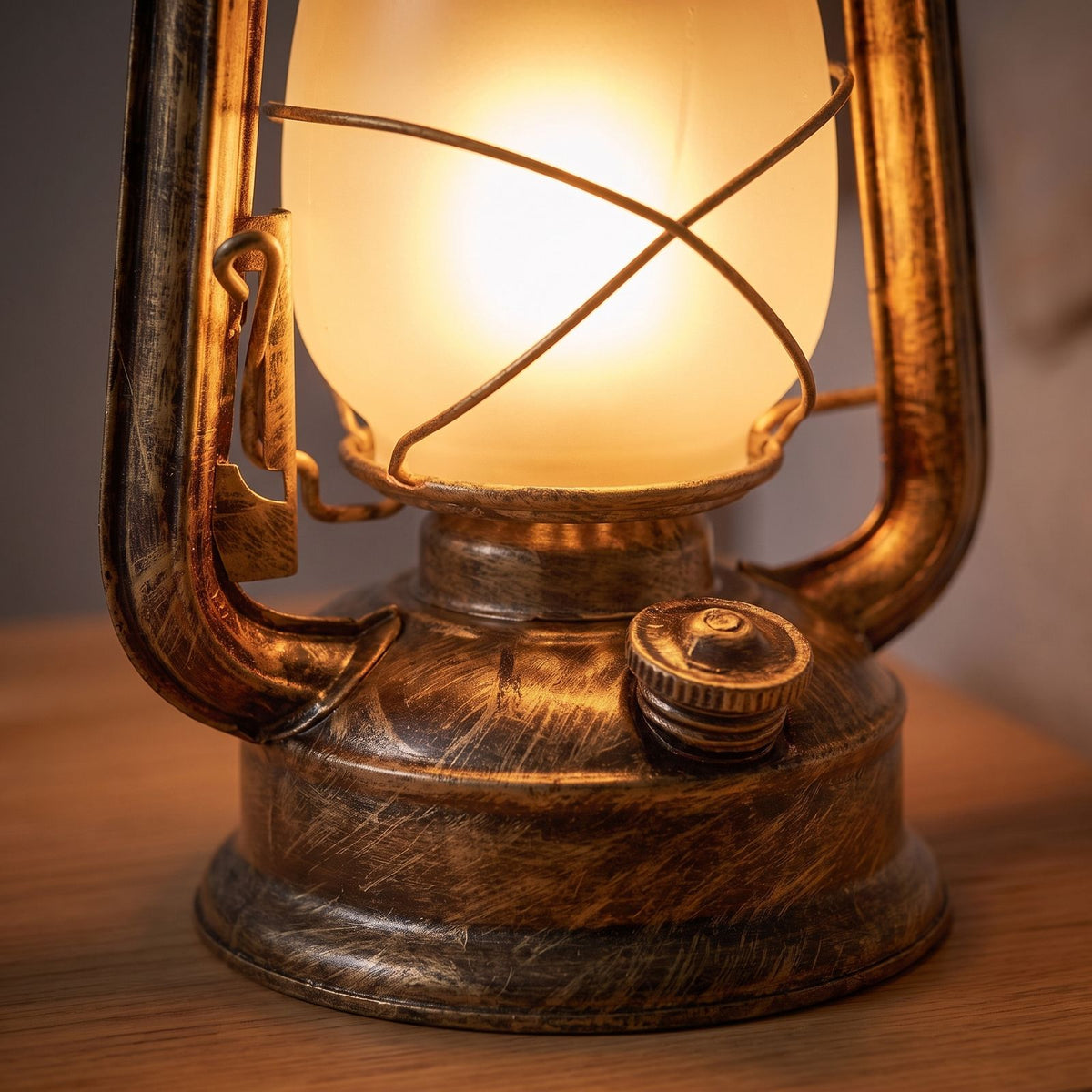 Close-up of the bronze iron base and frosted globe