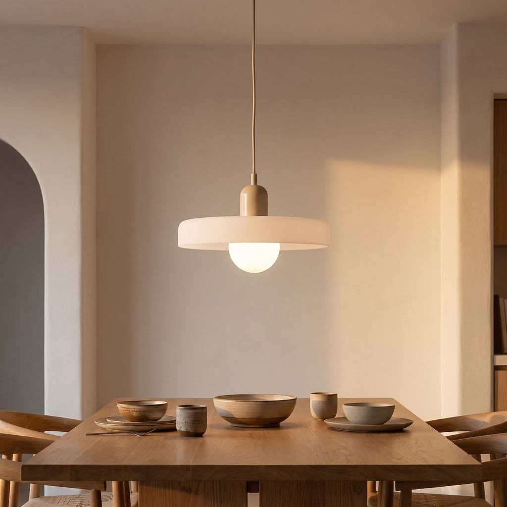 Retro Ribbed Disc and Matte Glass Pendant Light above a dining table