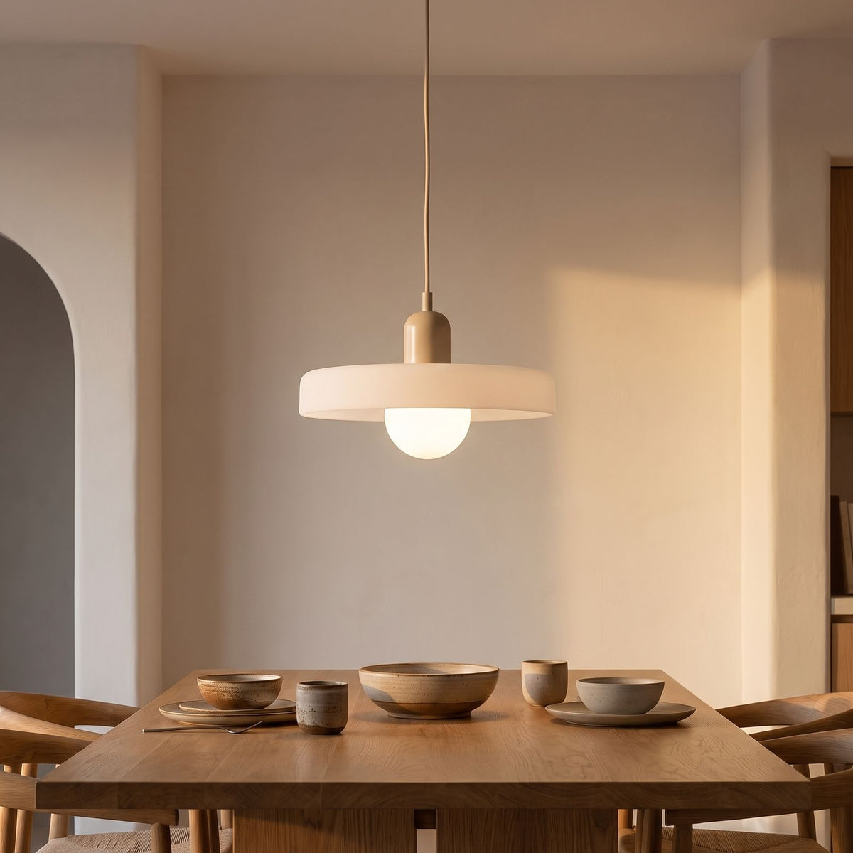 Retro Ribbed Disc and Matte Glass Pendant Light above a dining table