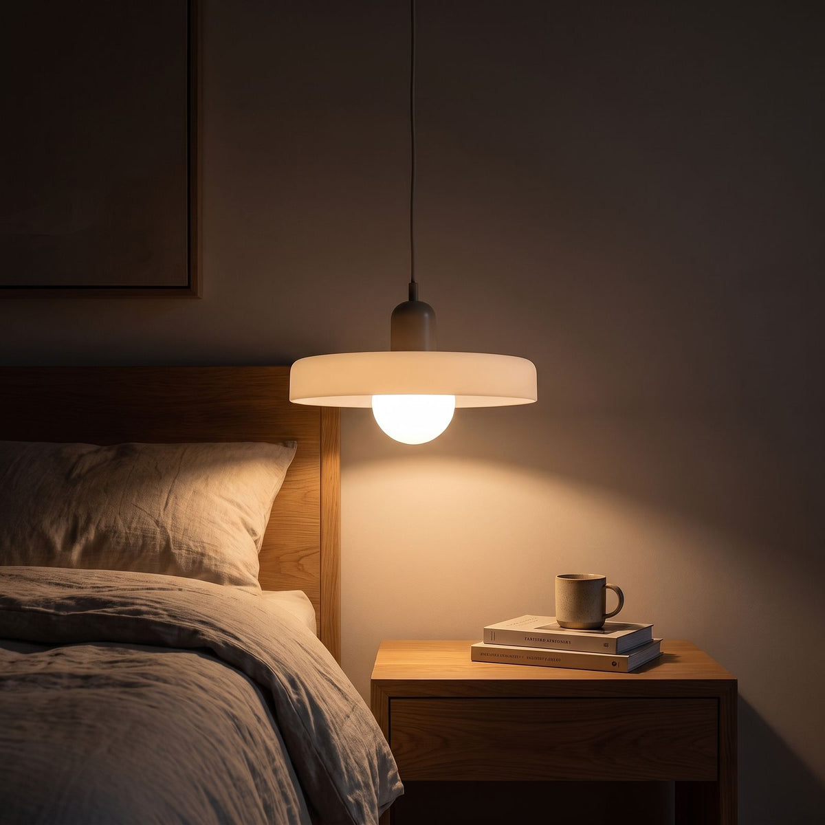 Ribbed disc and matte glass pendant light over a bedside table at night
