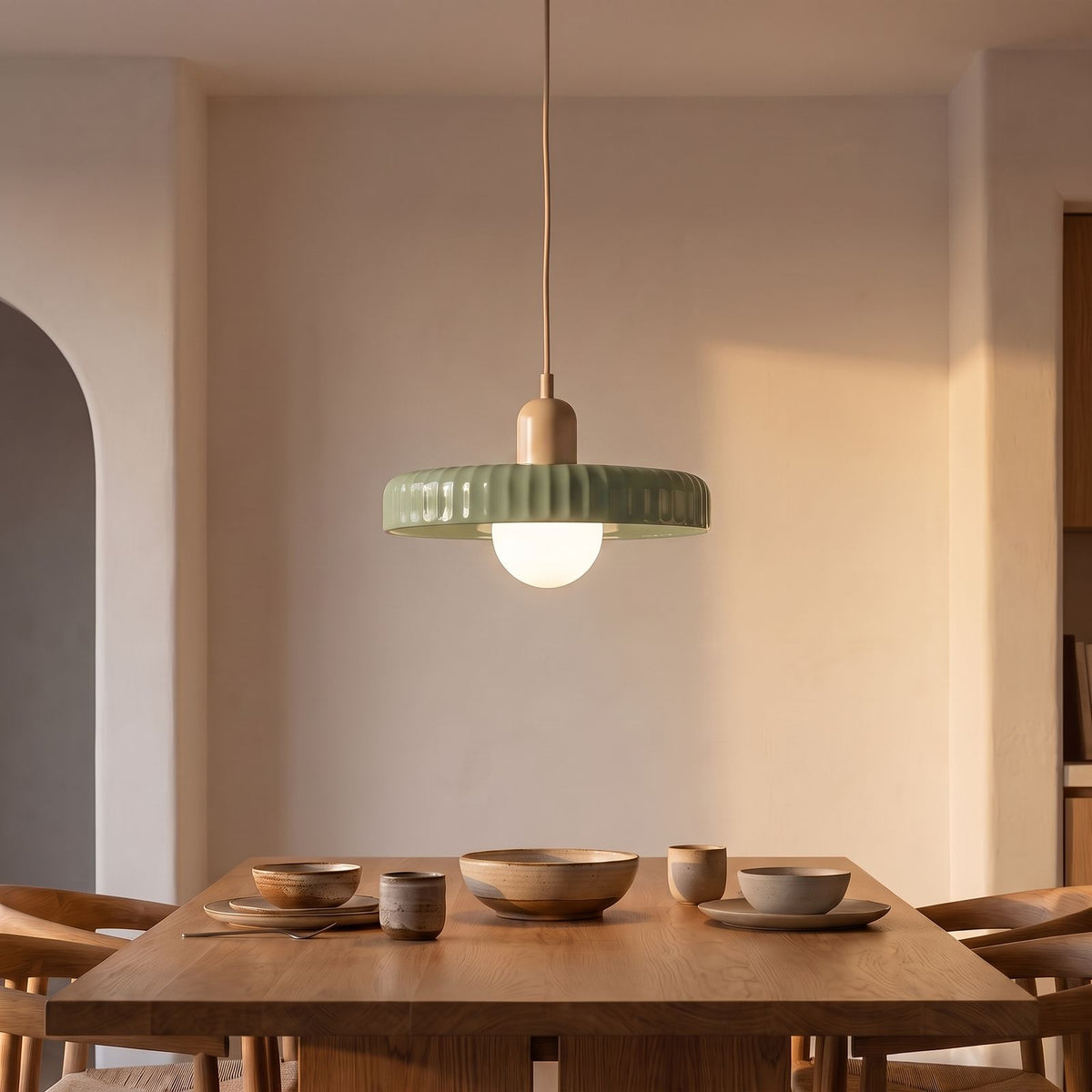 Retro Ribbed Disc and Matte Glass Pendant Light with a green disc above a dining table