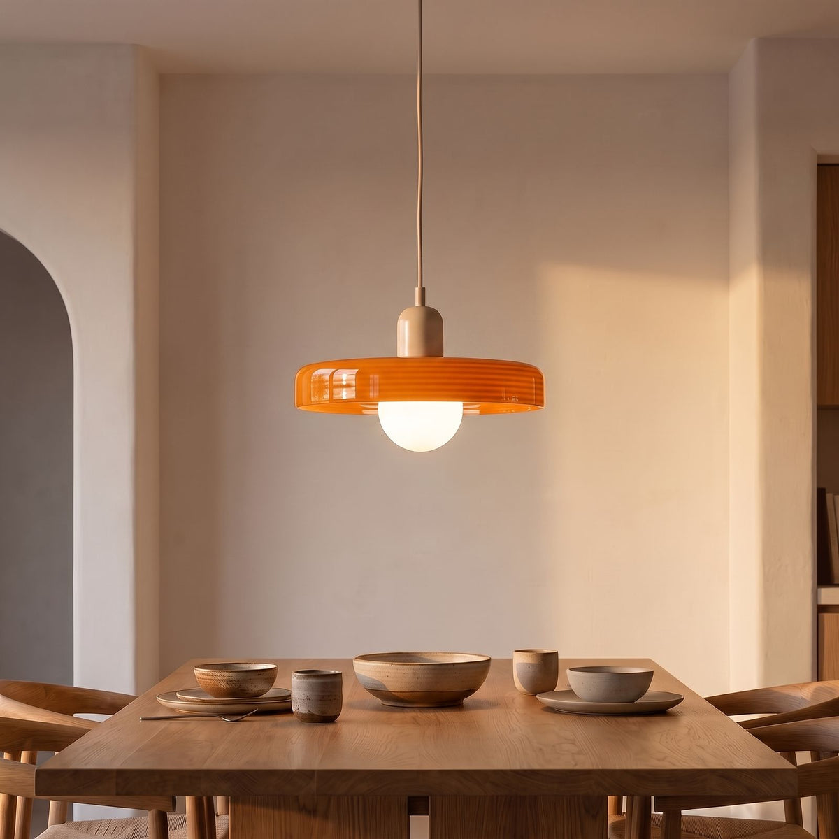 Retro Ribbed Disc and Matte Glass Pendant Light with an orange disc above a dining table