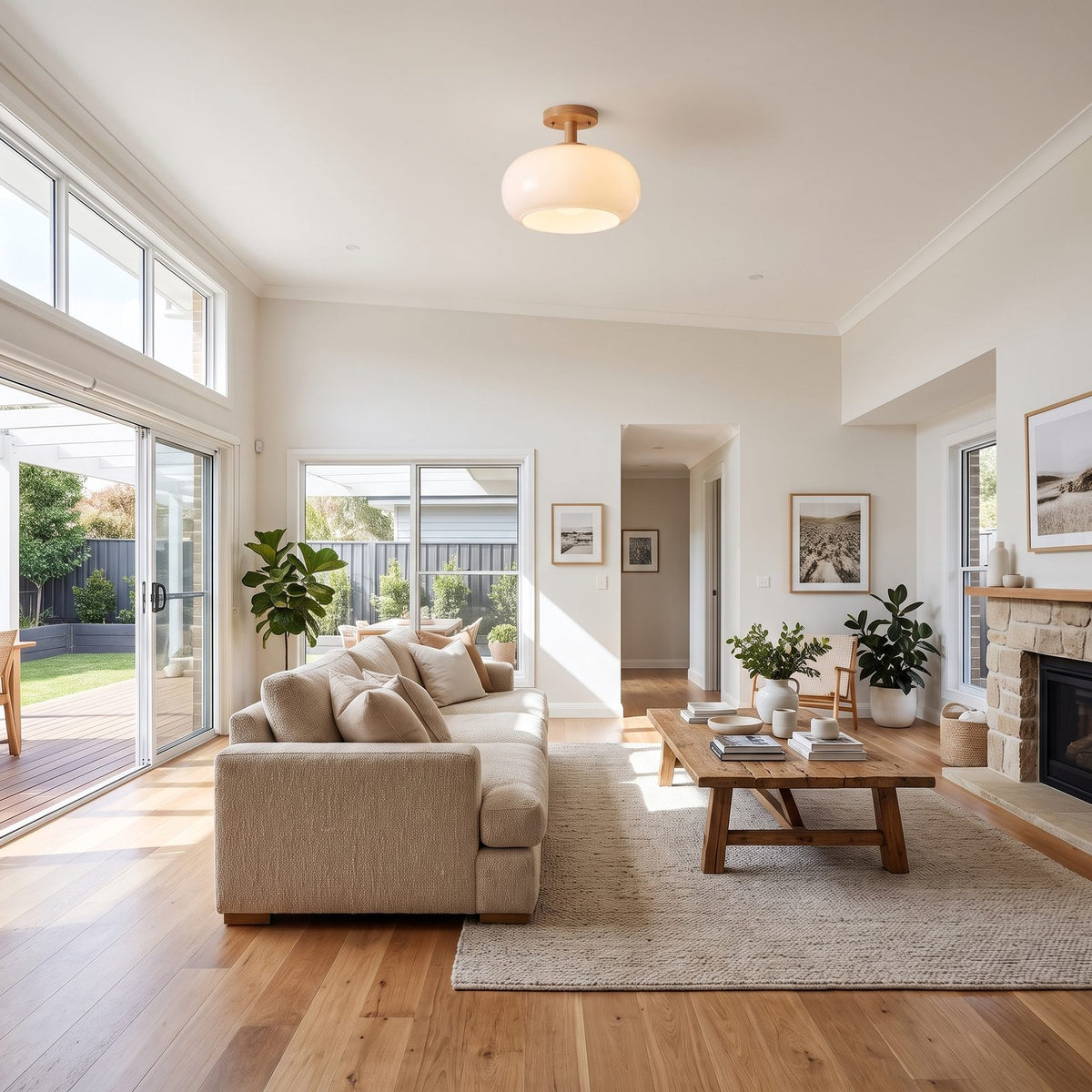 Rounded glass and wood ceiling light on a kitchen ceiling