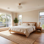 Rounded glass and wood ceiling light on an entry hall ceiling