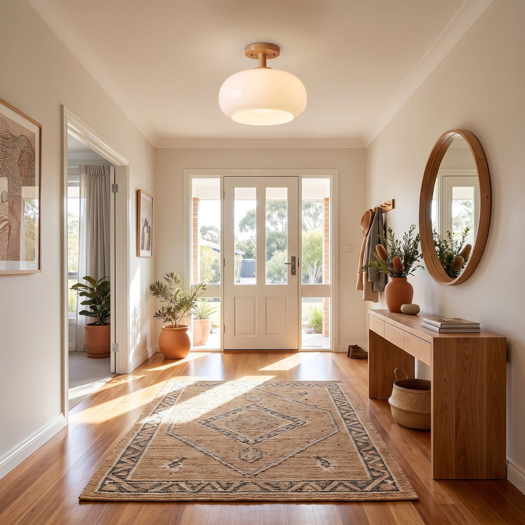 Rounded glass and wood ceiling light above a round dining table
