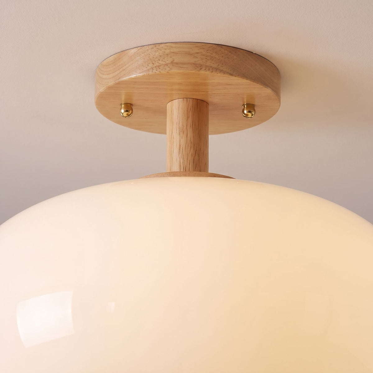 Close-up of the milky white glass shade and timber canopy