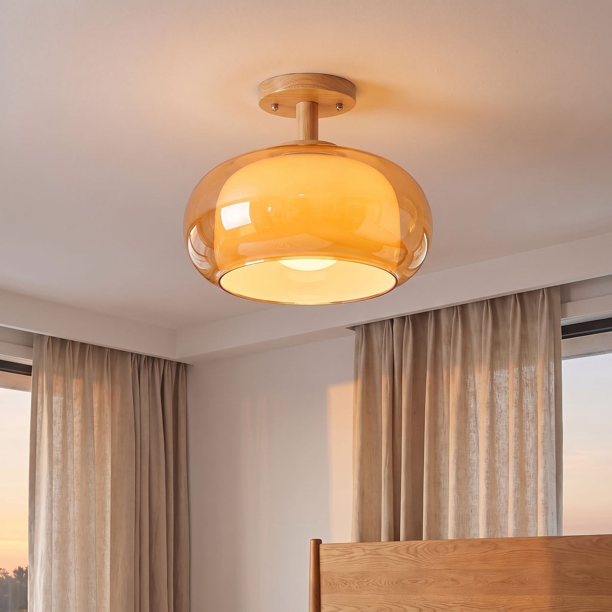 Retro Rounded Glass and Wood Ceiling Light in orange glass on a bedroom ceiling