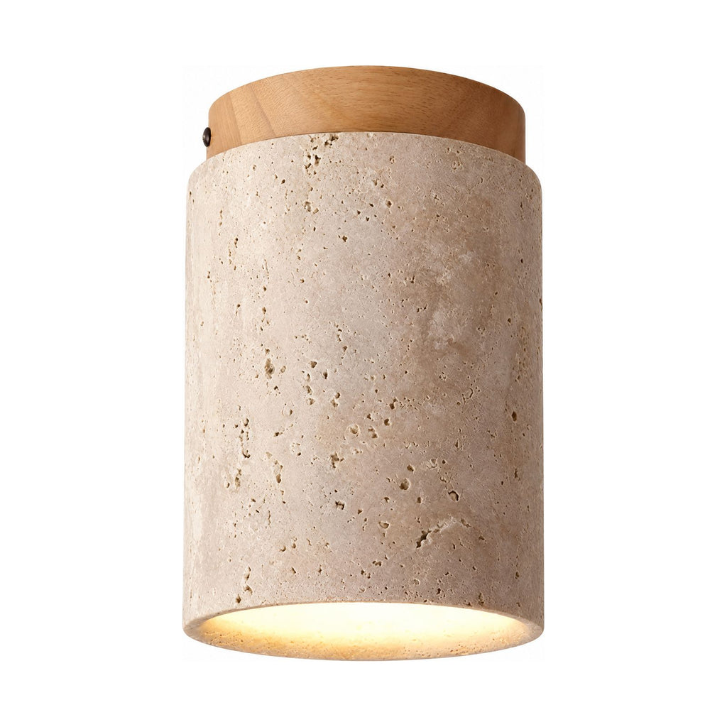 Retro Travertine Shade and Wood Base Ceiling Light on a white background