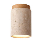 Retro Travertine Shade and Wood Base Ceiling Light on a white background