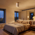 Retro Travertine Shade and Wood Base Ceiling Light on a bedroom ceiling