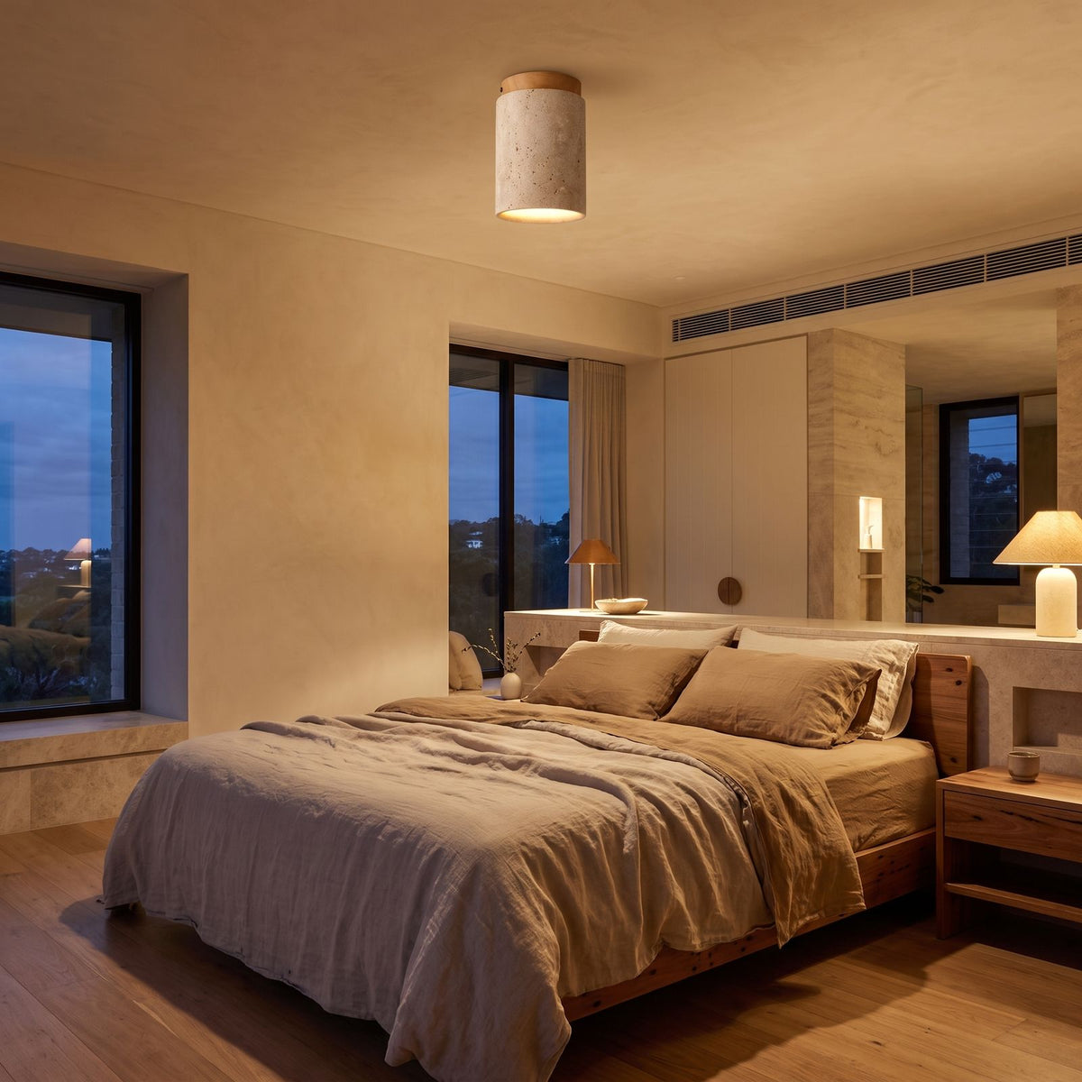Retro Travertine Shade and Wood Base Ceiling Light on a bedroom ceiling