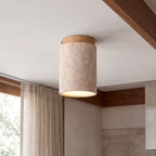 Retro Travertine Shade and Wood Base Ceiling Light, close view from below