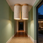 Two Retro Travertine Shade and Wood Base Ceiling Lights on a hallway ceiling