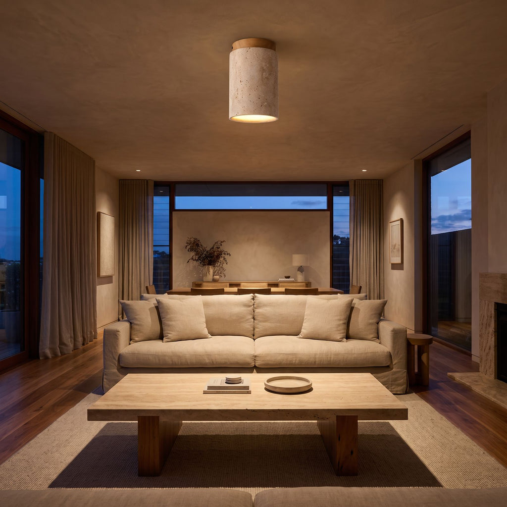 Retro Travertine Shade and Wood Base Ceiling Light on a living room ceiling