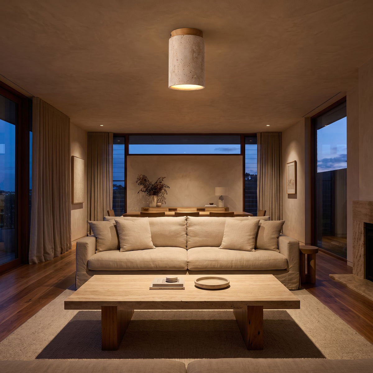 Retro Travertine Shade and Wood Base Ceiling Light on a living room ceiling