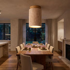 Retro Travertine Shade and Wood Base Ceiling Light above a dining area