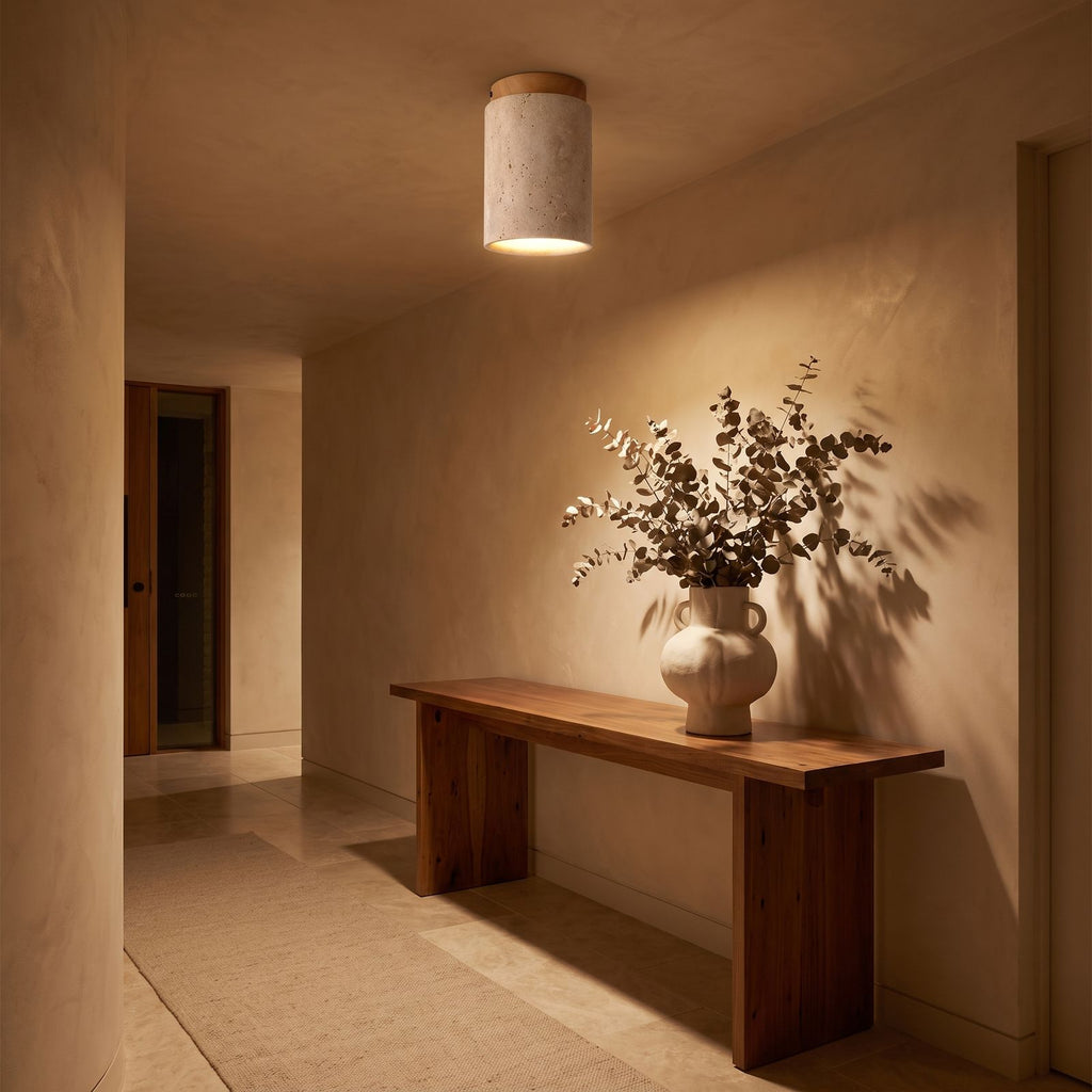 Retro Travertine Shade and Wood Base Ceiling Light in an entry foyer