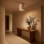Retro Travertine Shade and Wood Base Ceiling Light in an entry foyer