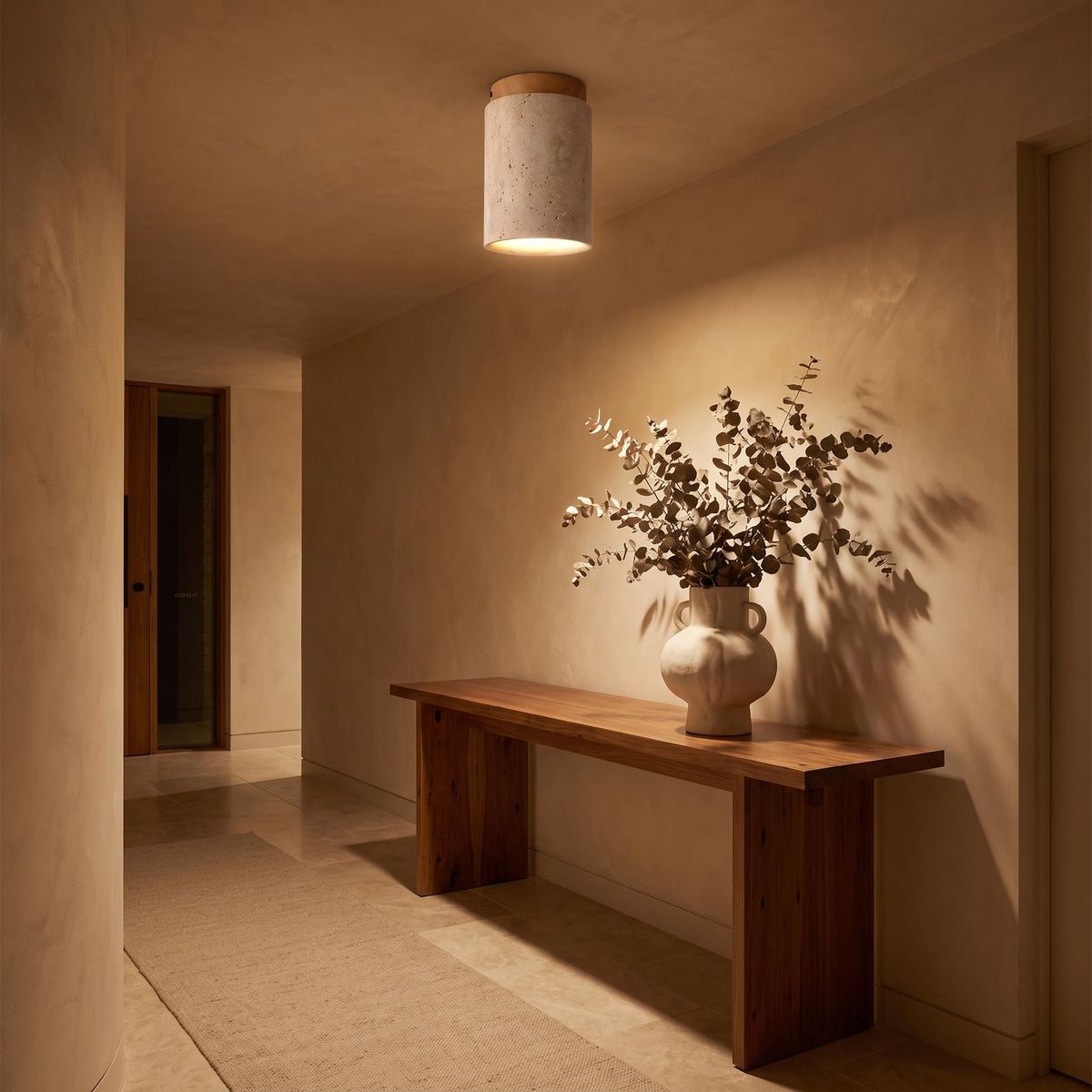 Retro Travertine Shade and Wood Base Ceiling Light in an entry foyer