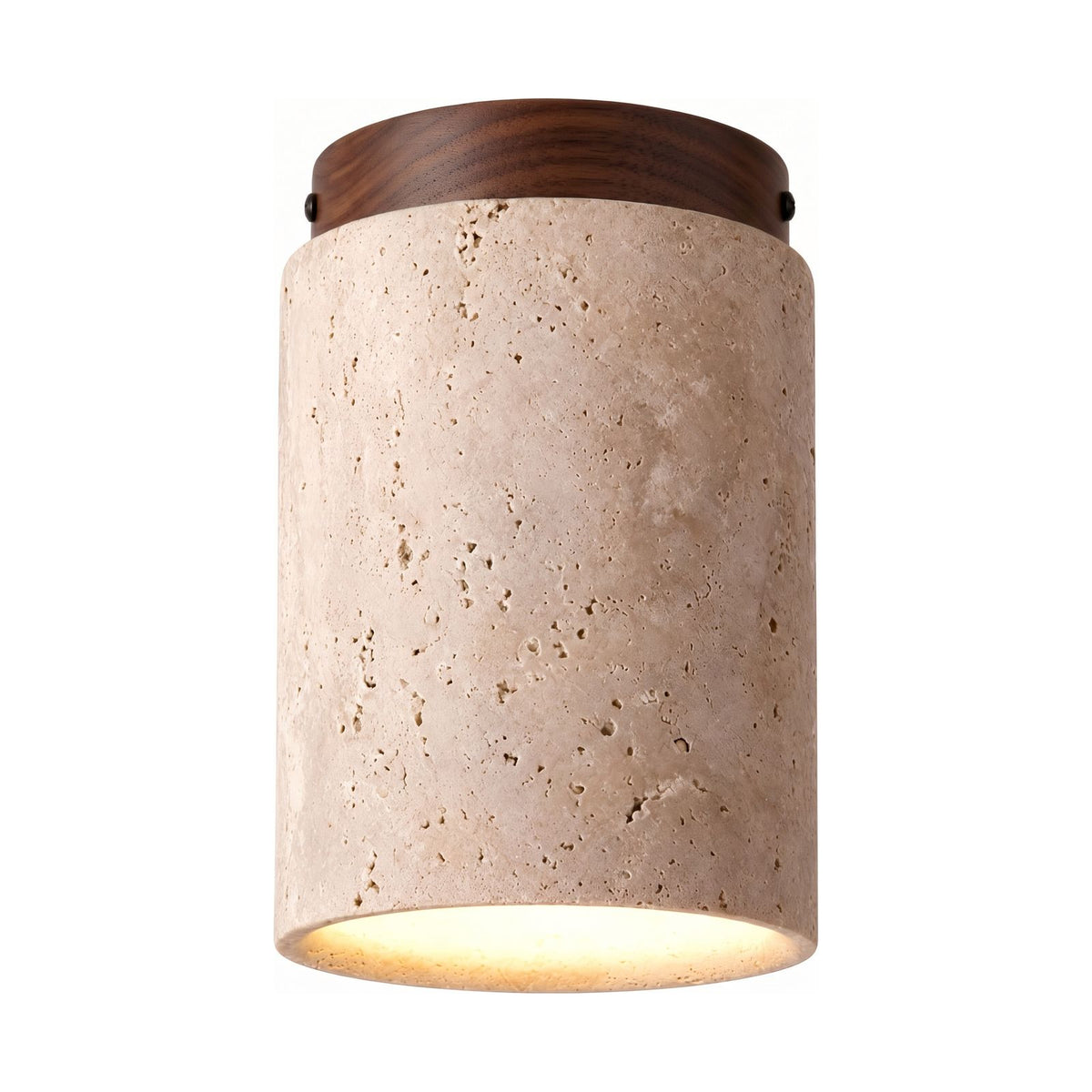 Retro Travertine Shade and Wood Base Ceiling Light with walnut ring on a white background