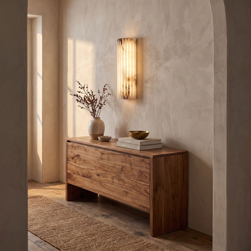 Ribbed Alabaster Column LED Wall Light in a hallway above a timber console