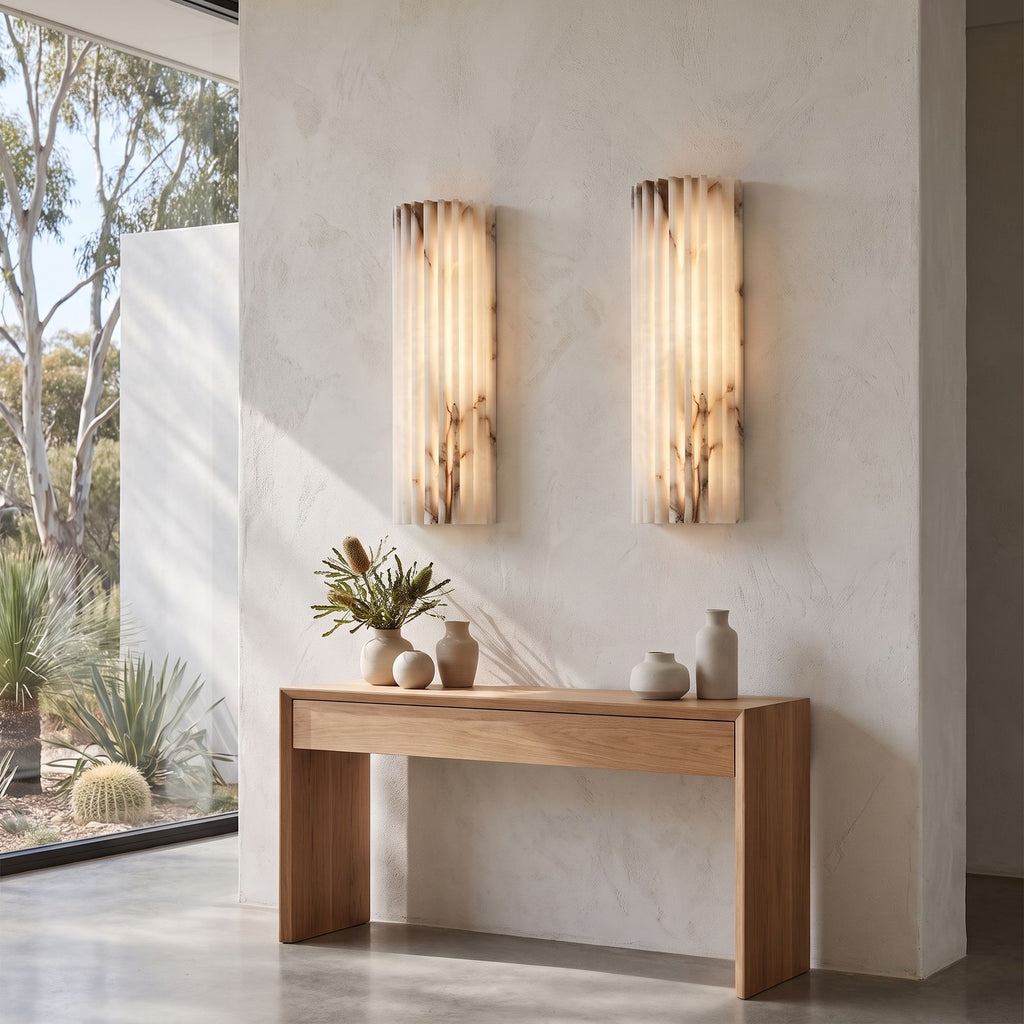Ribbed Alabaster Column LED Wall Light in a pair on a wall of an Australian home