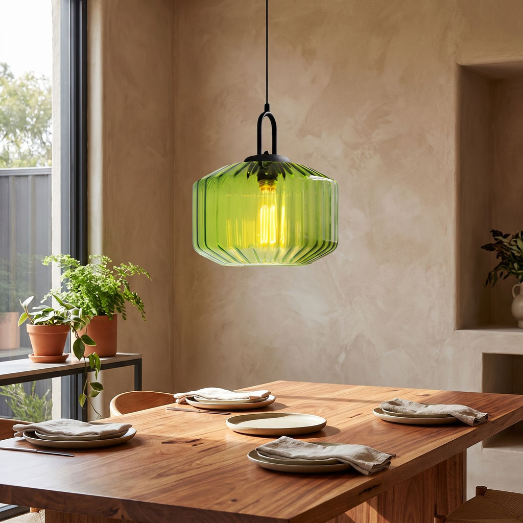 Ribbed Coloured Glass Pendant Light above a timber dining table