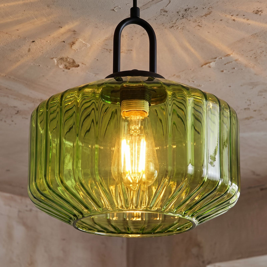 Ribbed Coloured Glass Pendant Light, close view from below