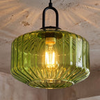 Ribbed Coloured Glass Pendant Light, close view from below