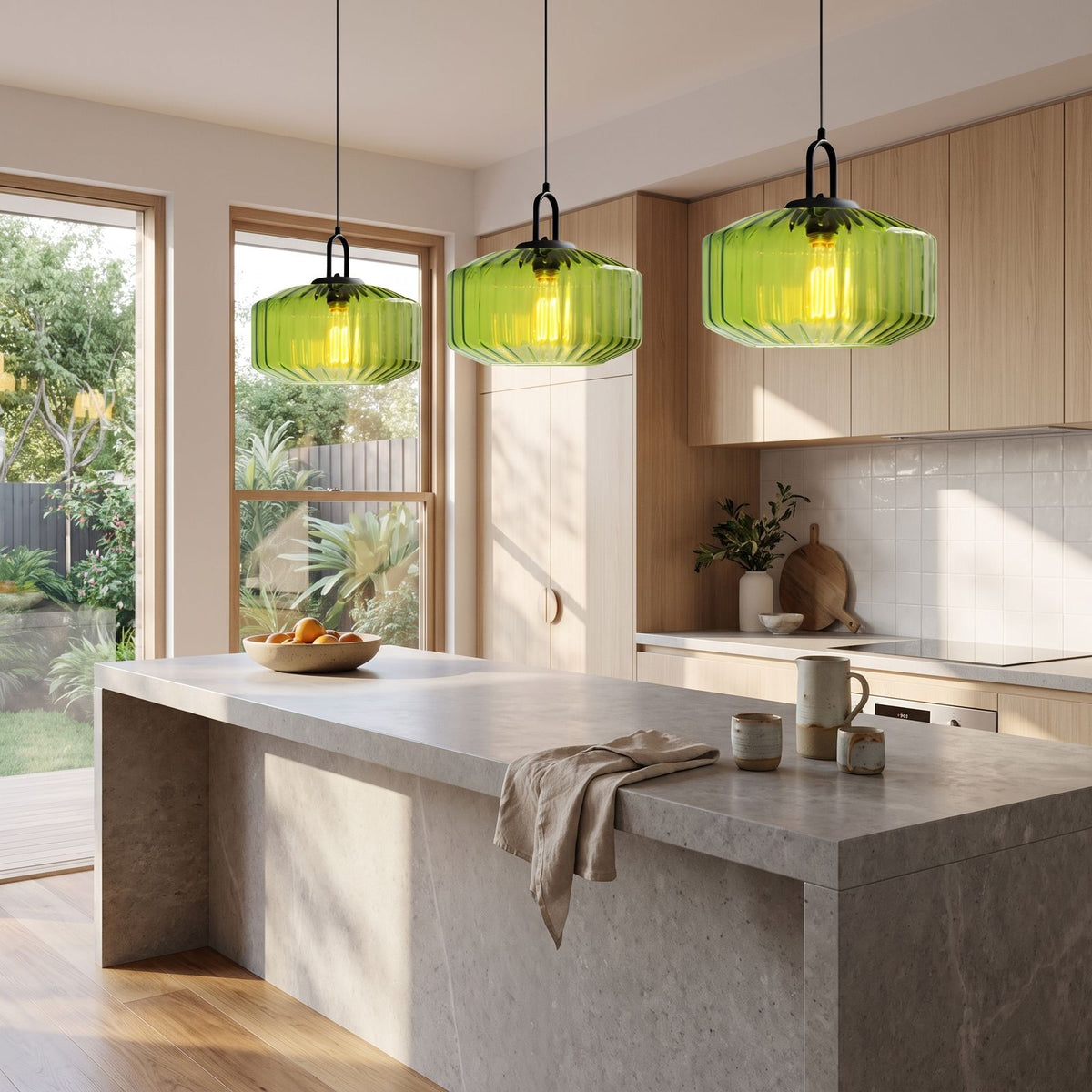 Ribbed Coloured Glass Pendant Light in a row of three over a stone kitchen island