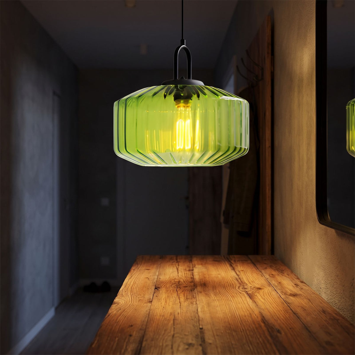Ribbed Coloured Glass Pendant Light above a console in an entry hallway