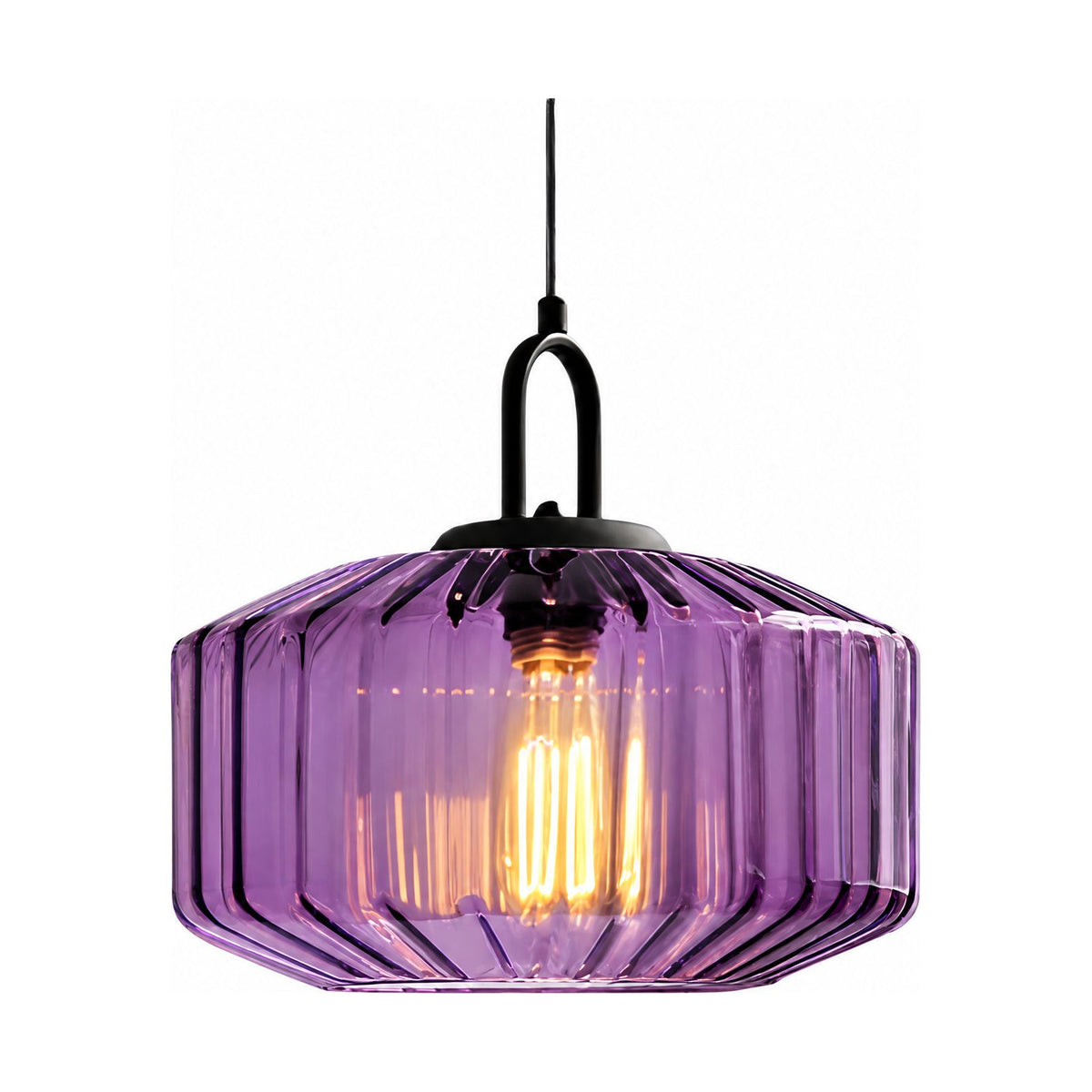 Ribbed Coloured Glass Pendant Light in purple glass on a white background