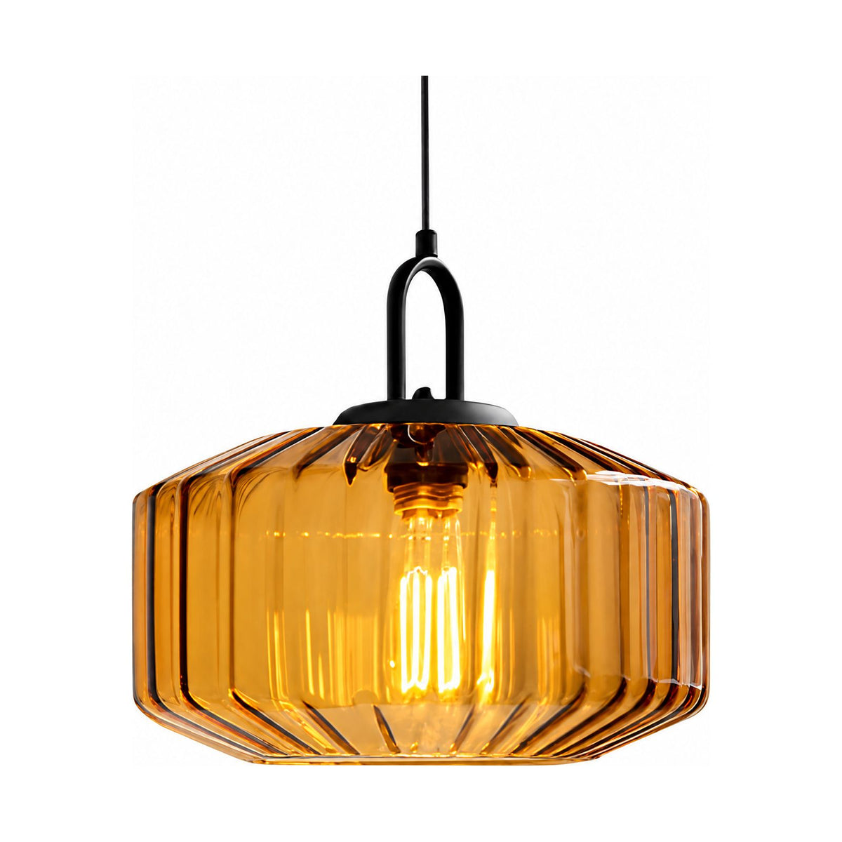 Ribbed Coloured Glass Pendant Light in amber glass on a white background