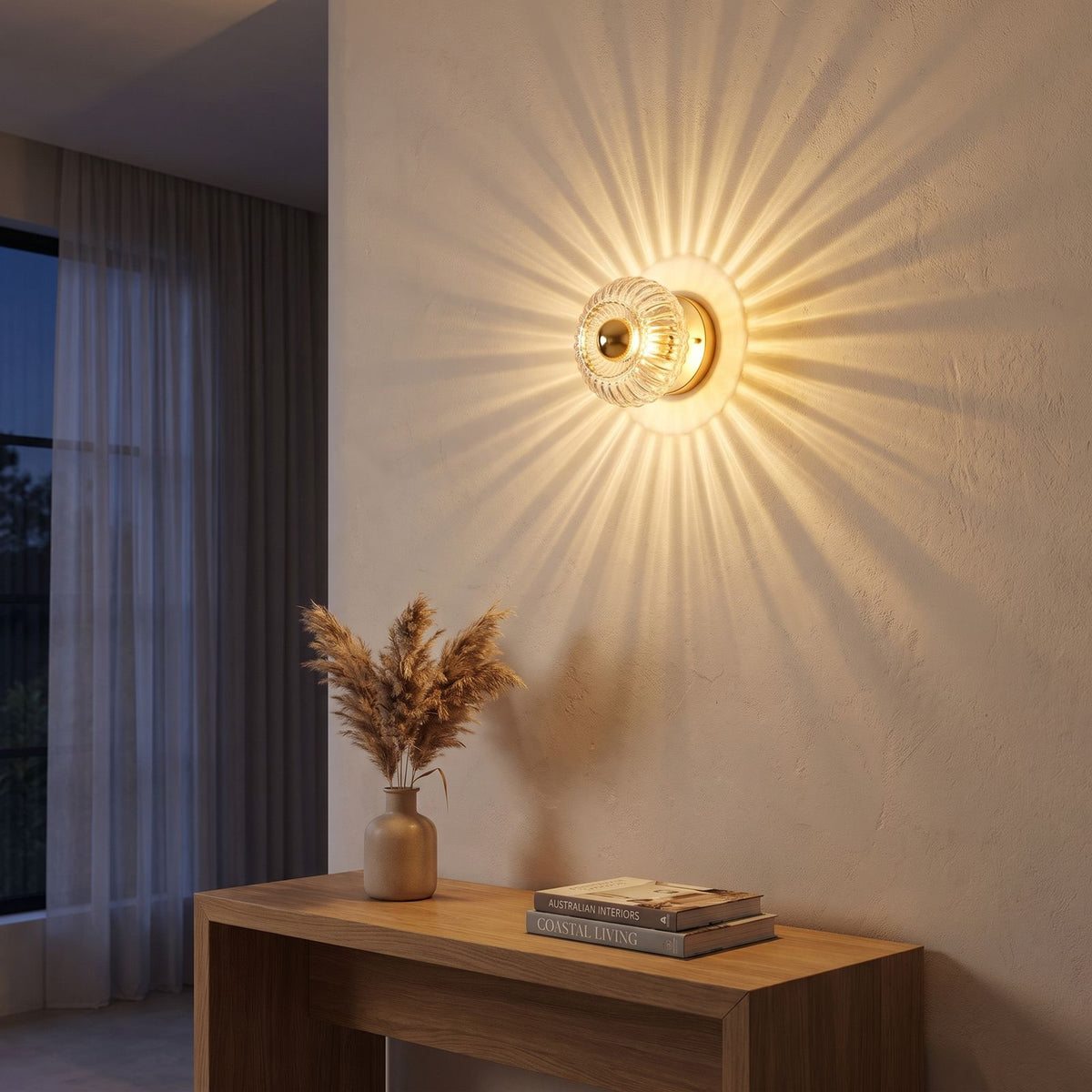 Ribbed Glass Barrel Shade Wall Light above an entry console