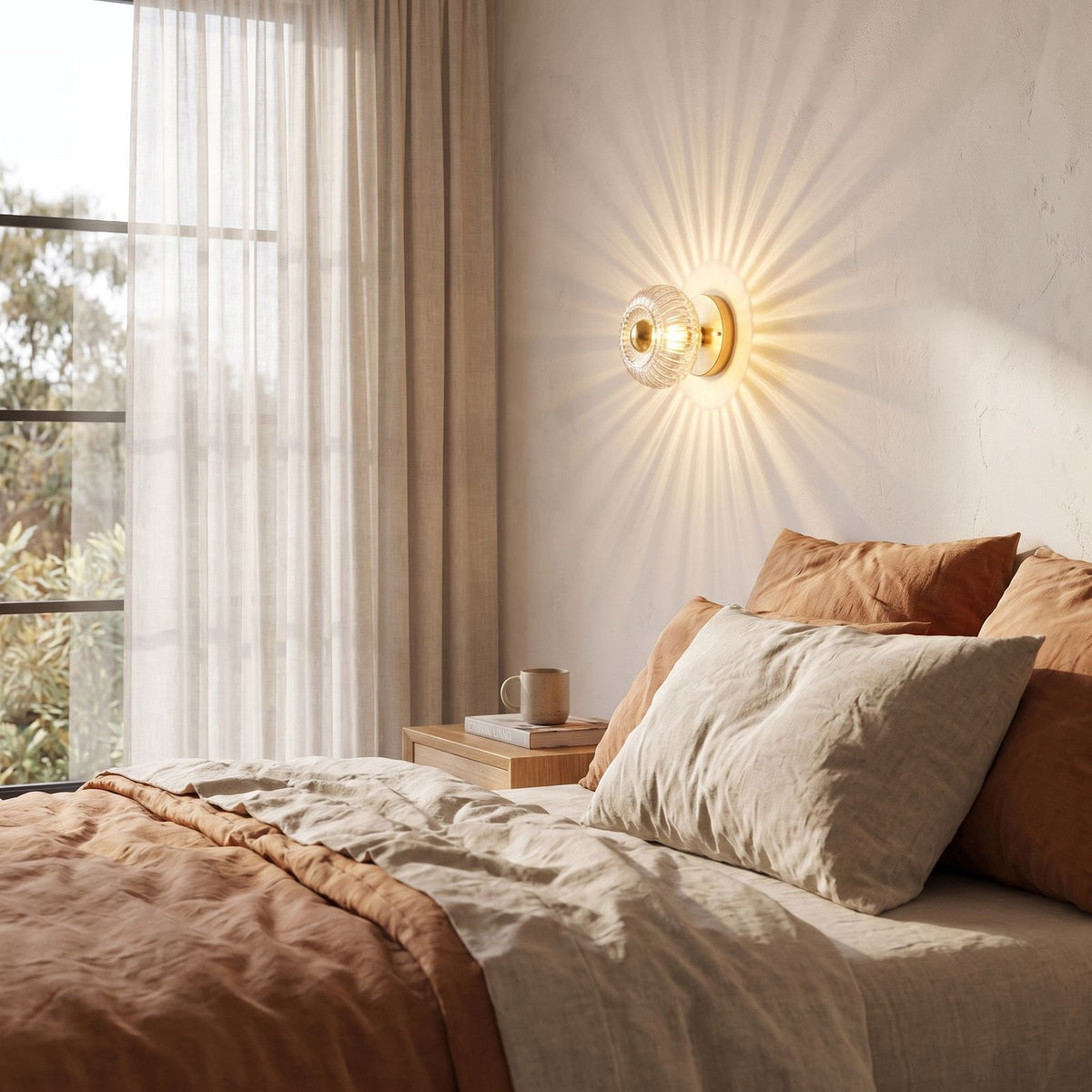 Ribbed glass barrel shade wall light beside a bed in daylight