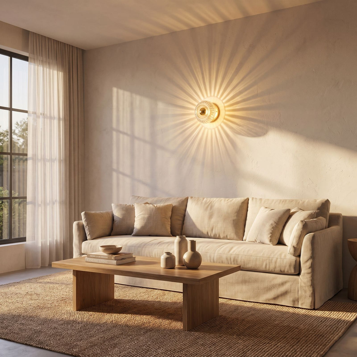 Ribbed glass barrel shade wall light above a living room sofa, wide view