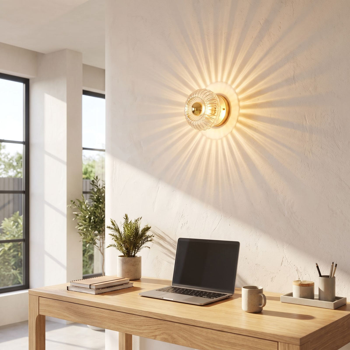 Ribbed glass barrel shade wall light above a home office desk in daylight