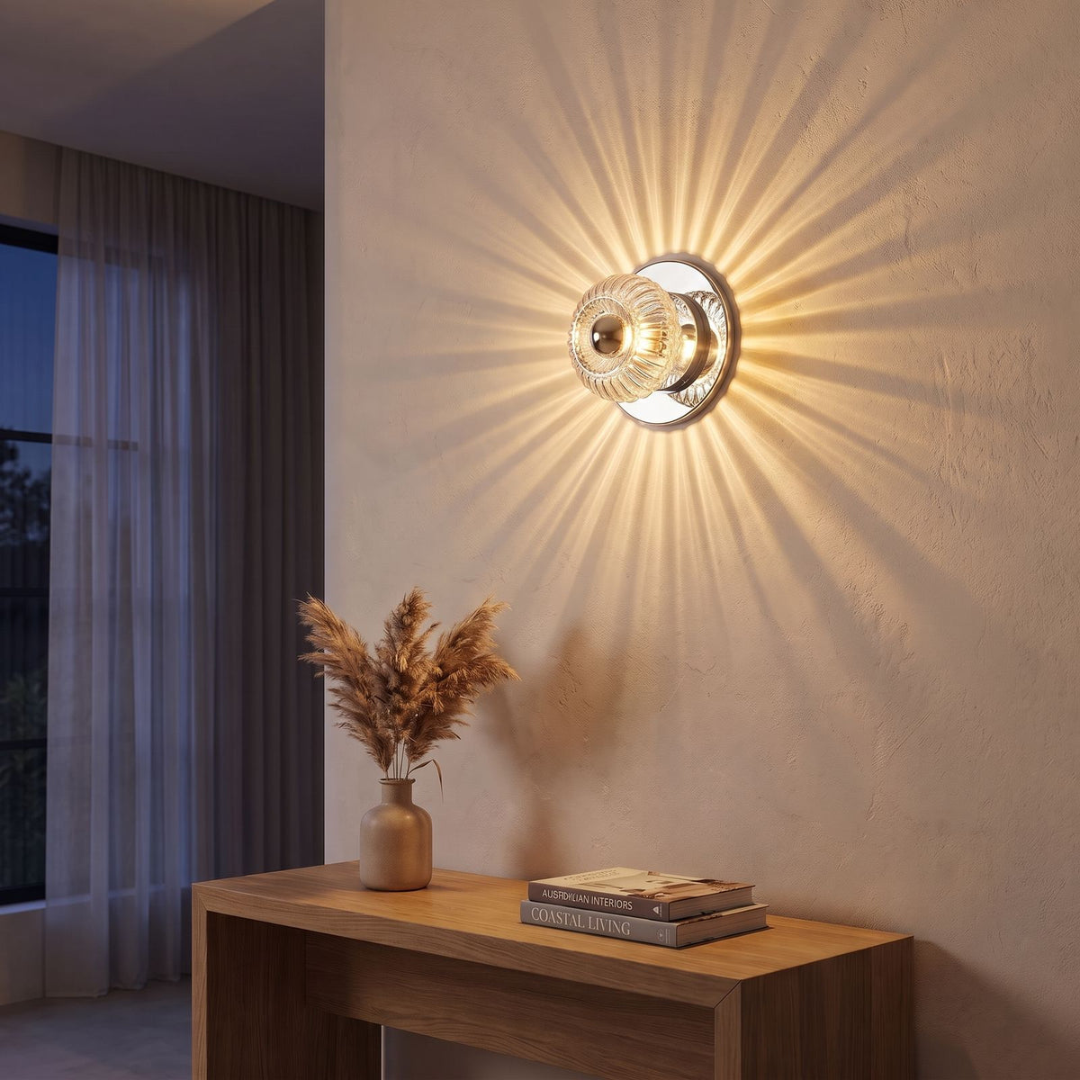 Ribbed Glass Barrel Shade Wall Light in silver above an entry console