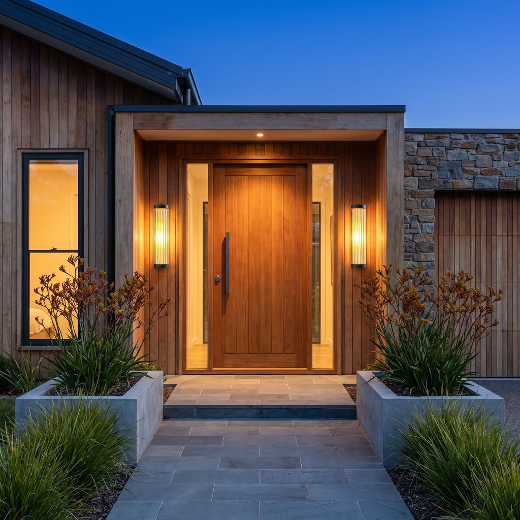 A pair of Ribbed Glass Cylinder Outdoor Wall Lights either side of a timber front door
