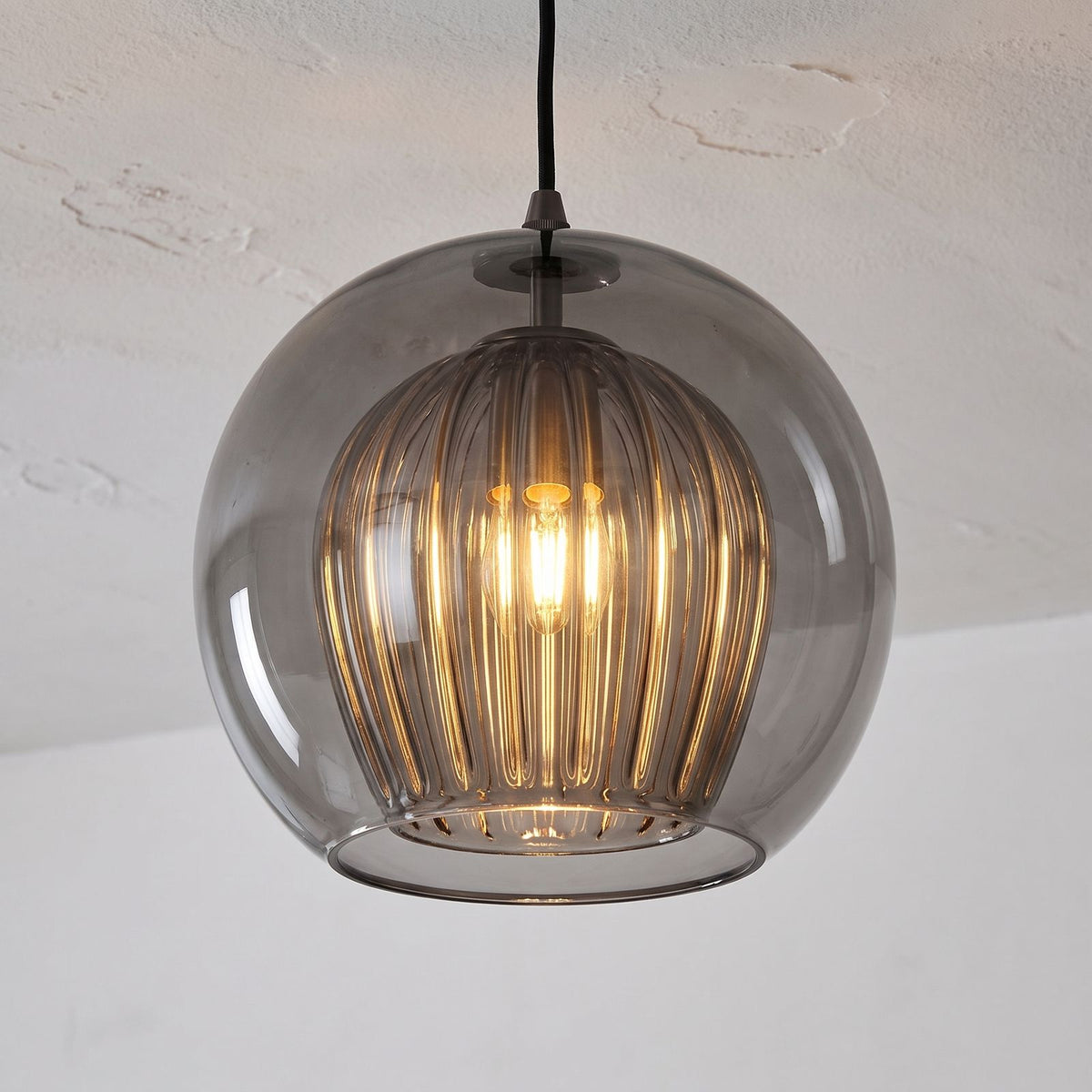Ribbed Glass Globe Pendant Light, close view from below