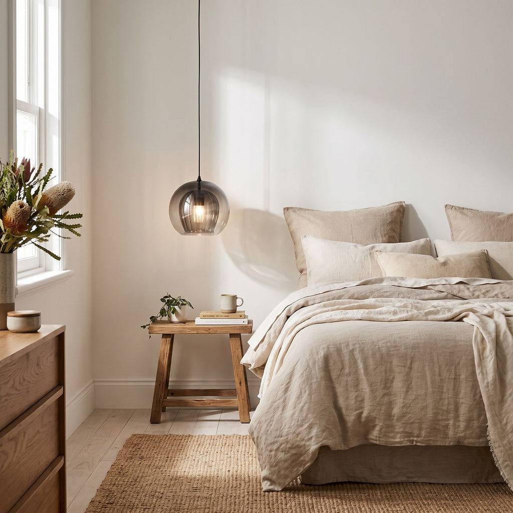 Ribbed Glass Globe Pendant Light beside a bed as a bedside pendant