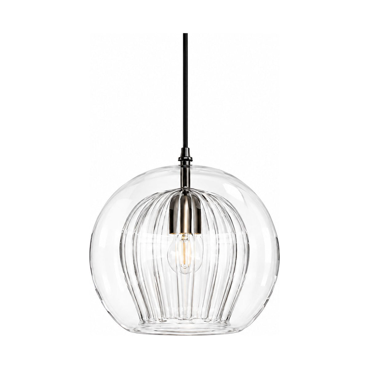 Ribbed Glass Globe Pendant Light in clear glass on a white background