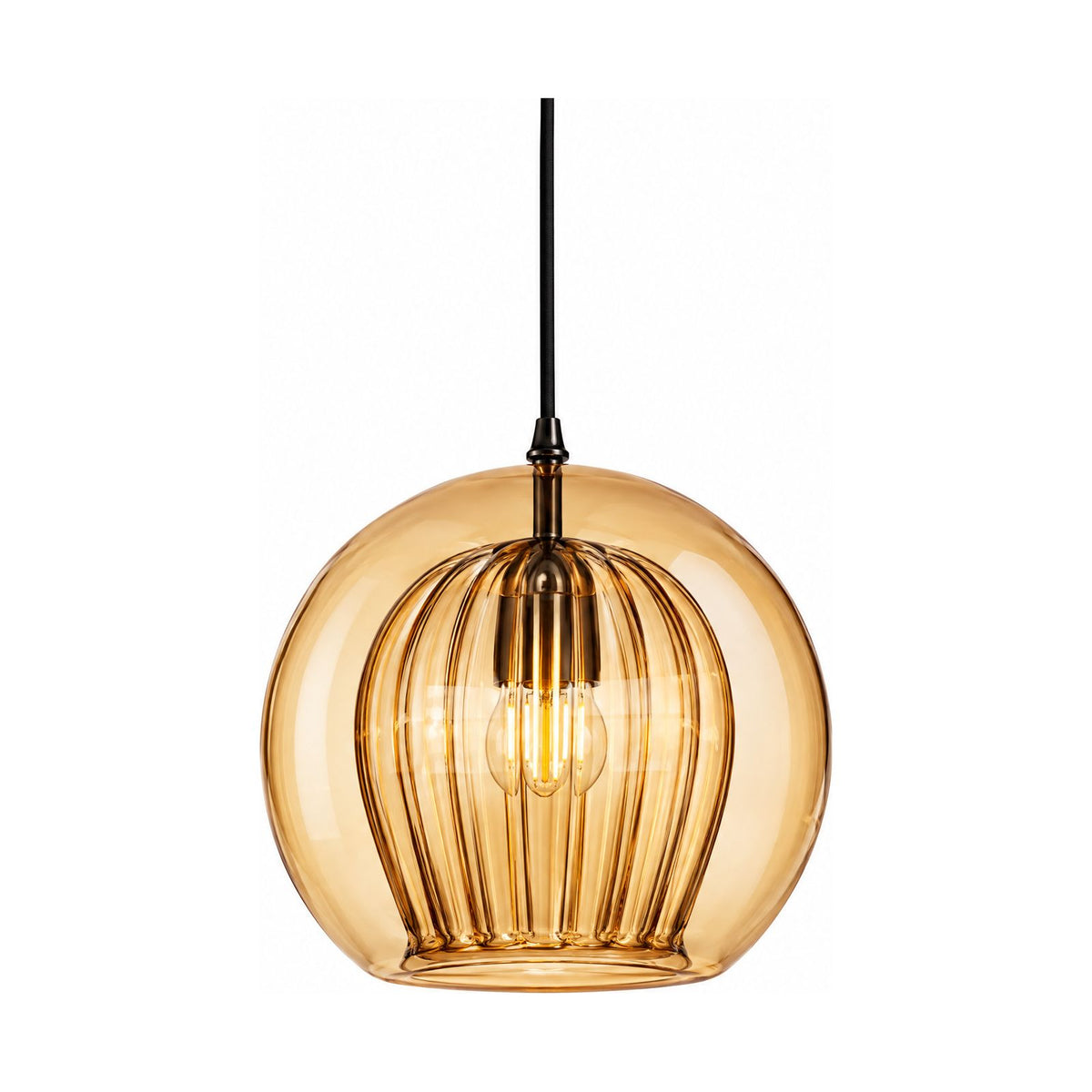 Ribbed Glass Globe Pendant Light in amber glass on a white background
