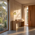 Ribbed tulip glass mini pendant light in a wide entry hall view