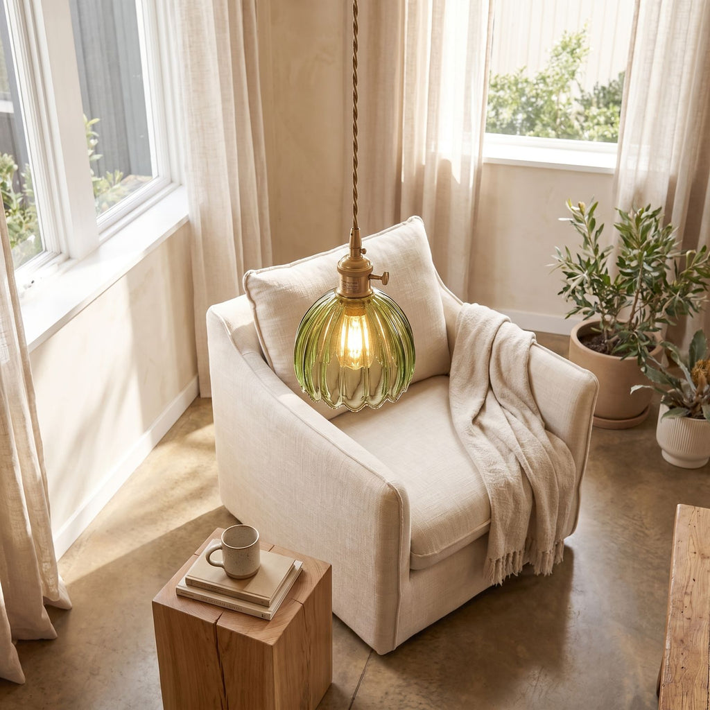 Ribbed tulip glass mini pendant light over a breakfast table in daylight