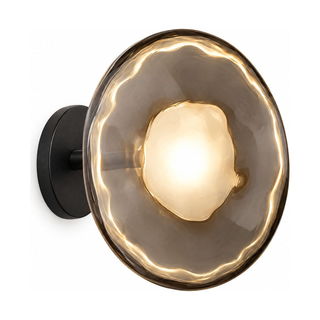 Rippled Smoked Glass Disc Wall Light on a white background