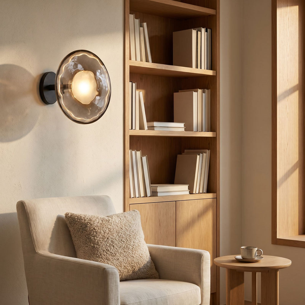 Rippled Smoked Glass Disc Wall Light beside a reading corner