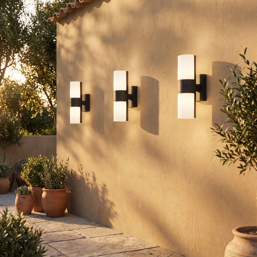 Rotatable Metal Band Acrylic Cylinder LED Outdoor Wall Light in a pair on the facade of an Australian home